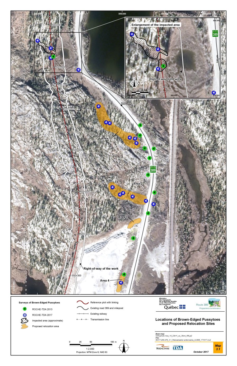 Figure 8: Locations of brown-edged pussytoes and proposed relocation sites