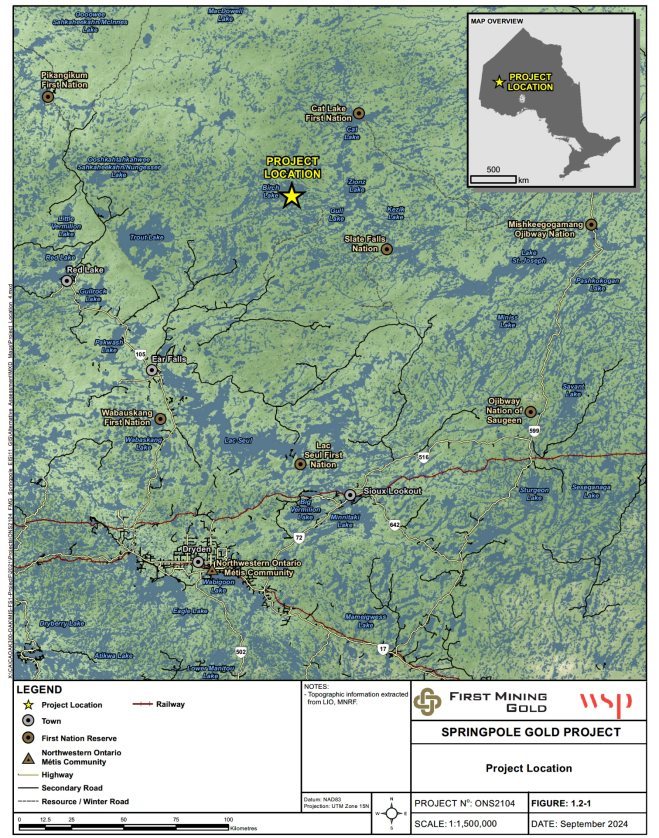 The Springpole Gold Project would be situated in northwestern Ontario between Birch Lake and Springpole Lake. Nearby Indigenous communities include Cat Lake First Nation, Slate Falls Nation, Mishkeegogamang Ojibway Nation, Wabauskang First Nation, Lac Seul First Nation, and the Northwestern Ontario Metis Community. Nearby towns and municipalities include Red Lake, Ear Falls, Sioux Lookout, and Dryden.