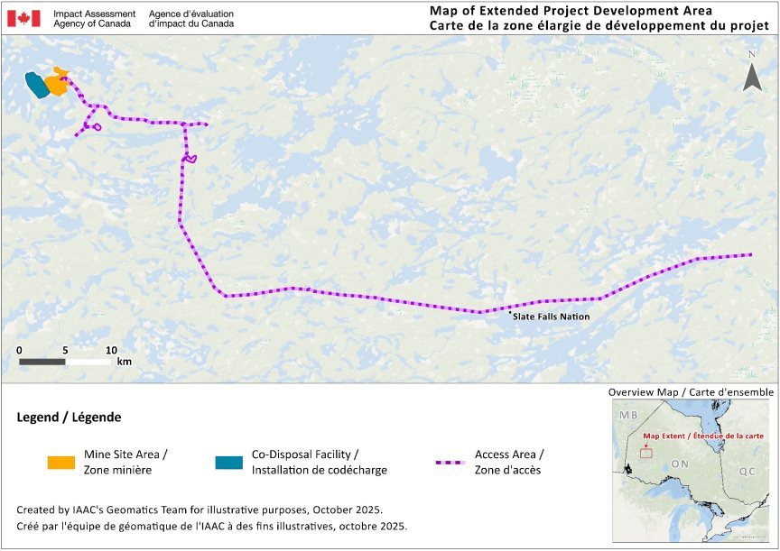 Map showing mine site area with three main areas : a blue co-disposal facility area, an orange mine site area and a purple dashed line indicates the mine access area, with a scale bar and inset map of Ontario for location context.