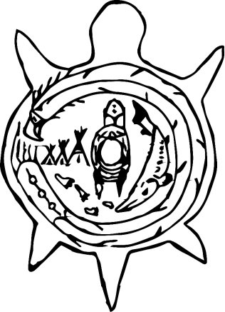 A hand-drawn turtle with symbols important to the partnered First Nation on it's back including footprints, a sturgeon, and mîkiwahp (cree) or bajiishka'ogaanens (ojibway). This image is a symbol for this regional assessment.
